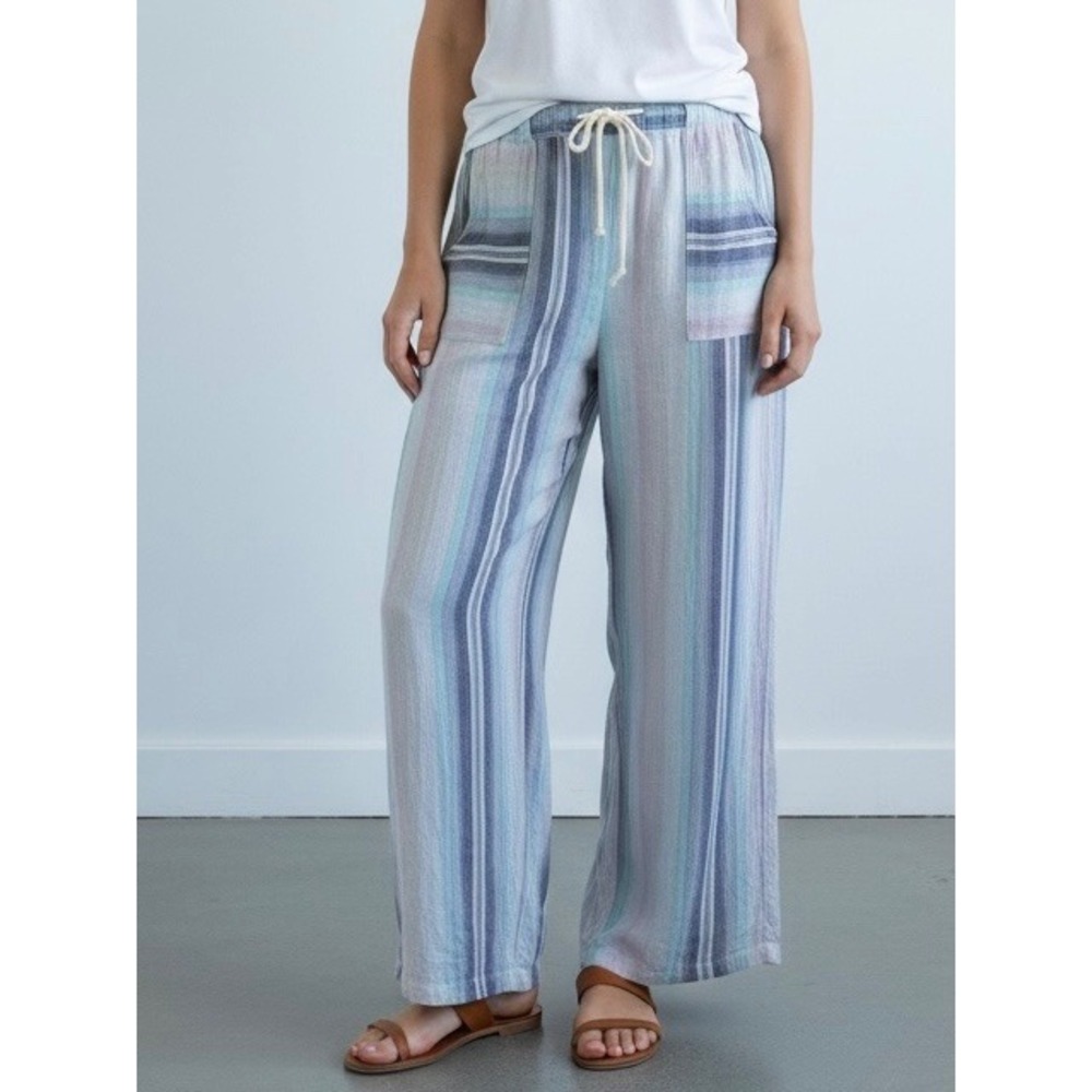 🌴 Raya Sun Womens Large Blue Striped Cotton Gauze Wide Leg Boho Beach Pants